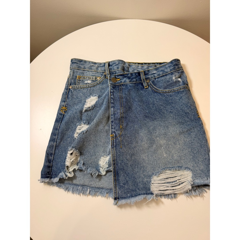 Elan Denim Mini Skirt Women Small Blue‎ Excellent Distressed Asymmetrical Waist